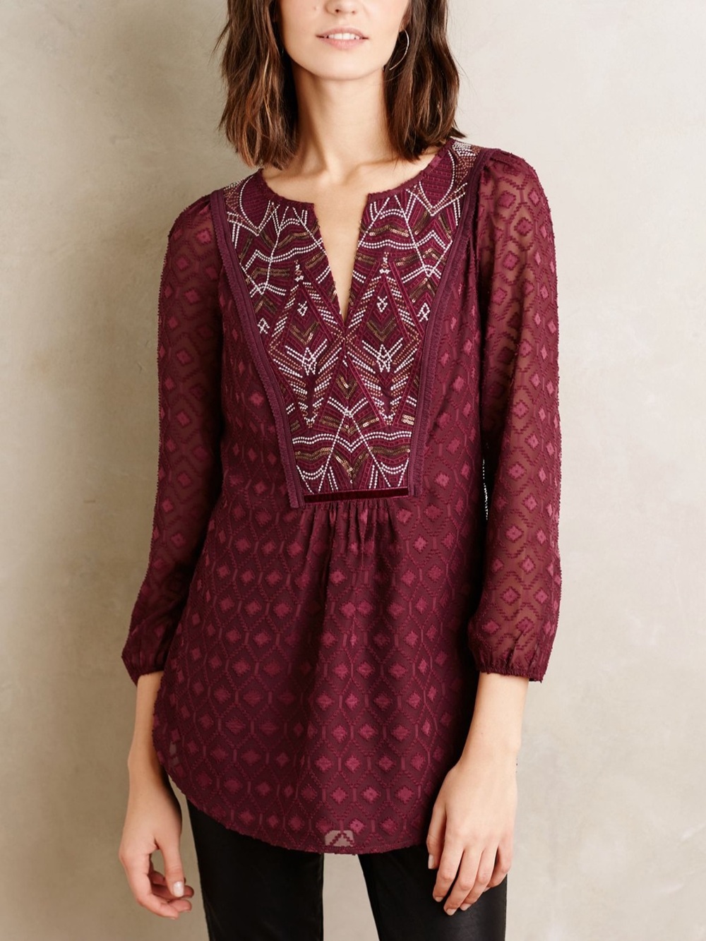 Anthropologie One September Madiran Burgundy Lace Embroidered Peasant Top Size S
